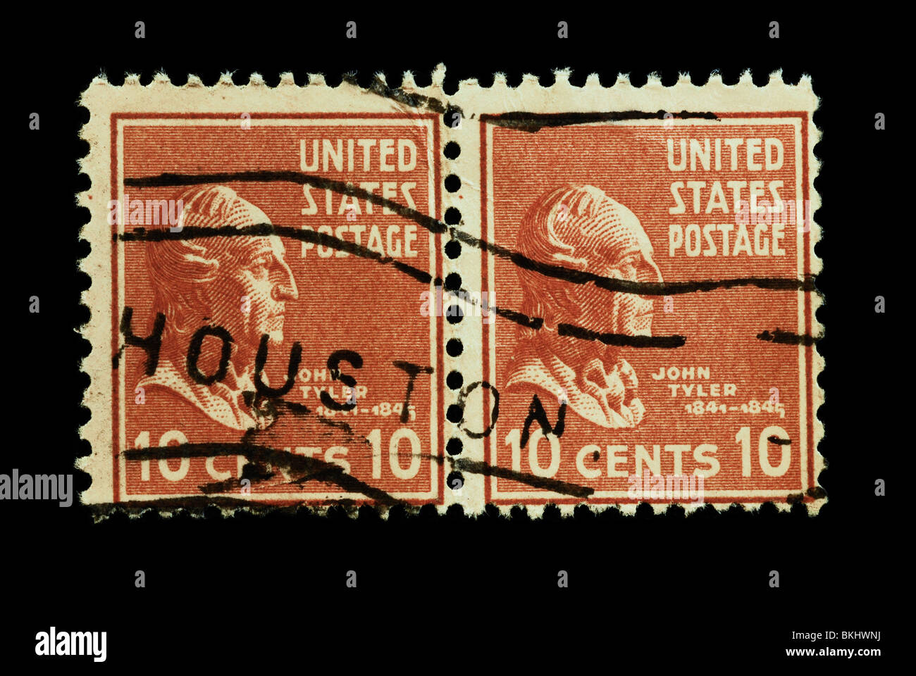Ein paar von John Tyler 10 US-Cent Briefmarken. Stockfoto