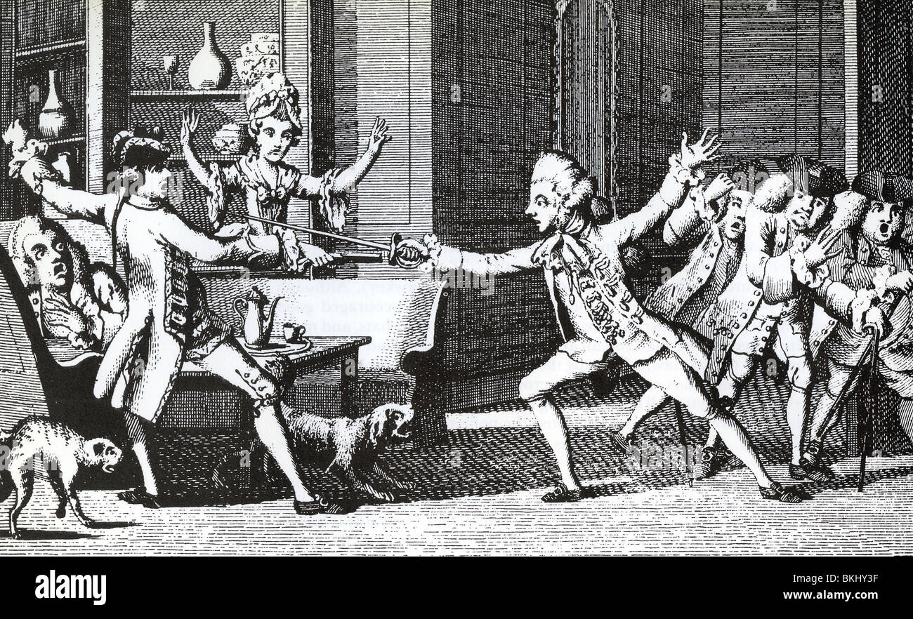 DUELLING in print aus dem 18. Jahrhundert Stockfoto