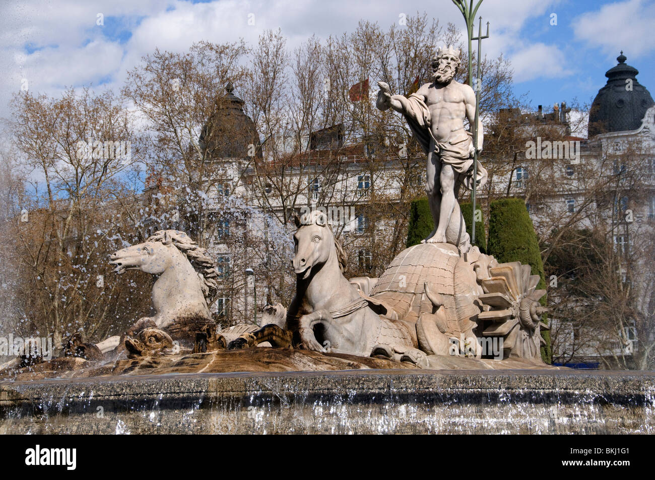 Neptun-Brunnen Madrid Spanien Spanisch Canovas del Castillo Platz Paseo del Prado (Neptun römischer Gott des Süßwassers und des Meeres Stockfoto