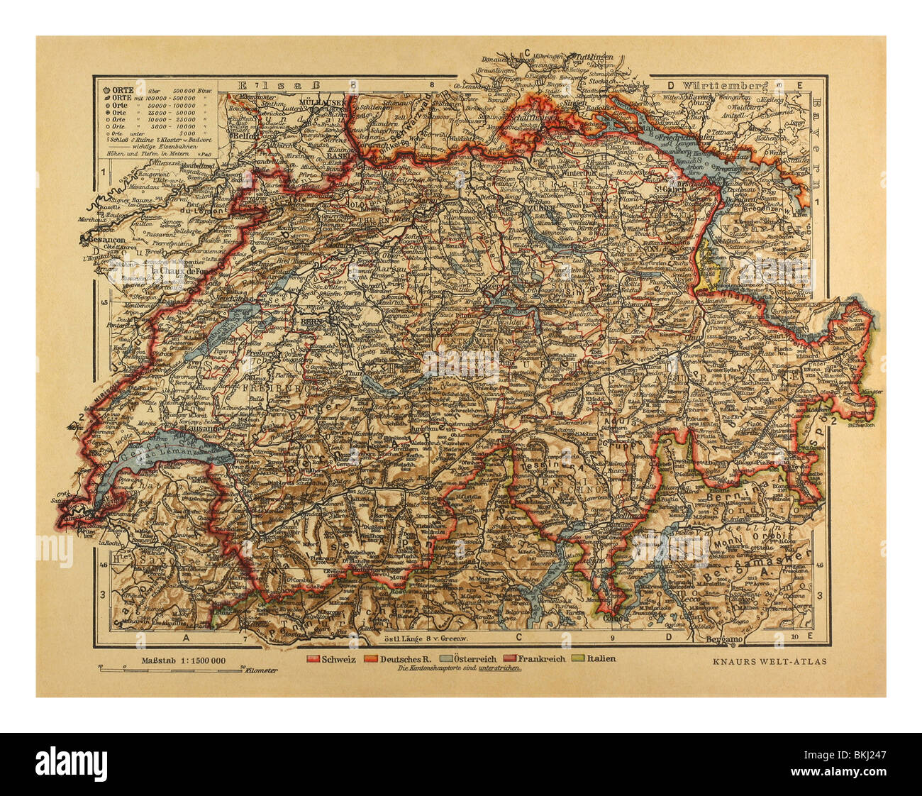Schweiz-Karte von Knaurs Welt-Atlas im Jahre 1900 veröffentlicht. Stockfoto