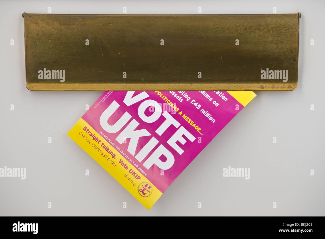 UKIP-Merkblatt für 2010 Parlamentswahlen durchgepeitscht Briefkasten des Hauses Haustür in UK Stockfoto