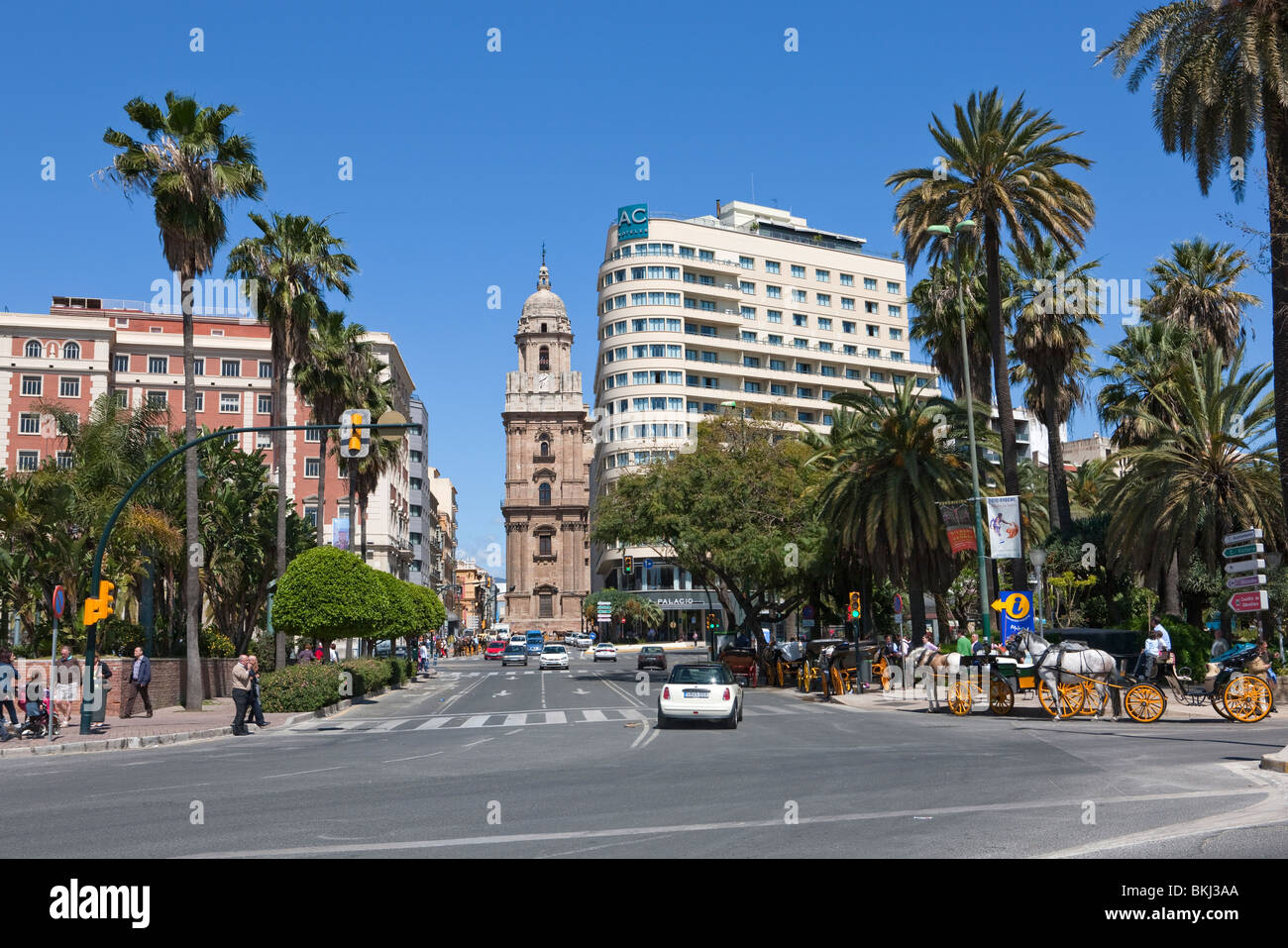 Kathedrale von Malaga und Pferdekutsche. Andalusien. Spanien Stockfoto