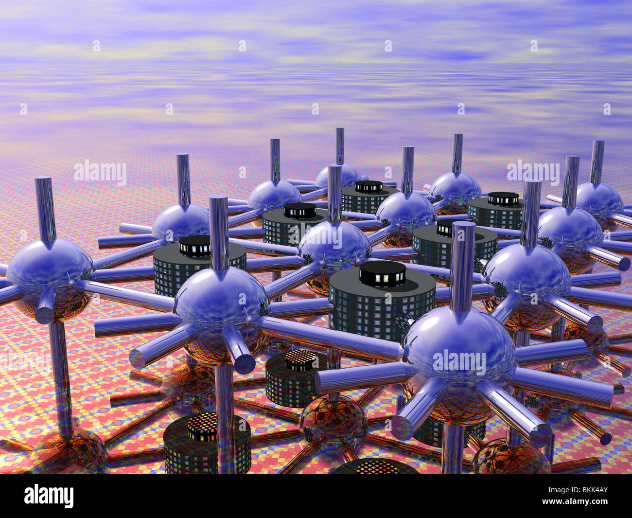 Modulare alien oder futuristischen Stadt aus silber glänzenden Kugeln und Röhrchen mit Lebensräume auf einem bunten Plain Stockfoto