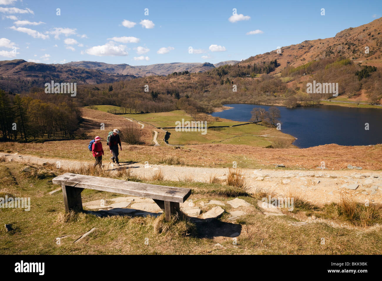 Rydal, Cumbria, England, UK. Hölzerne Sitzbank neben Loughrigg Terrasse Weg mit Wanderern über Rydal Wasser im Lake District Stockfoto