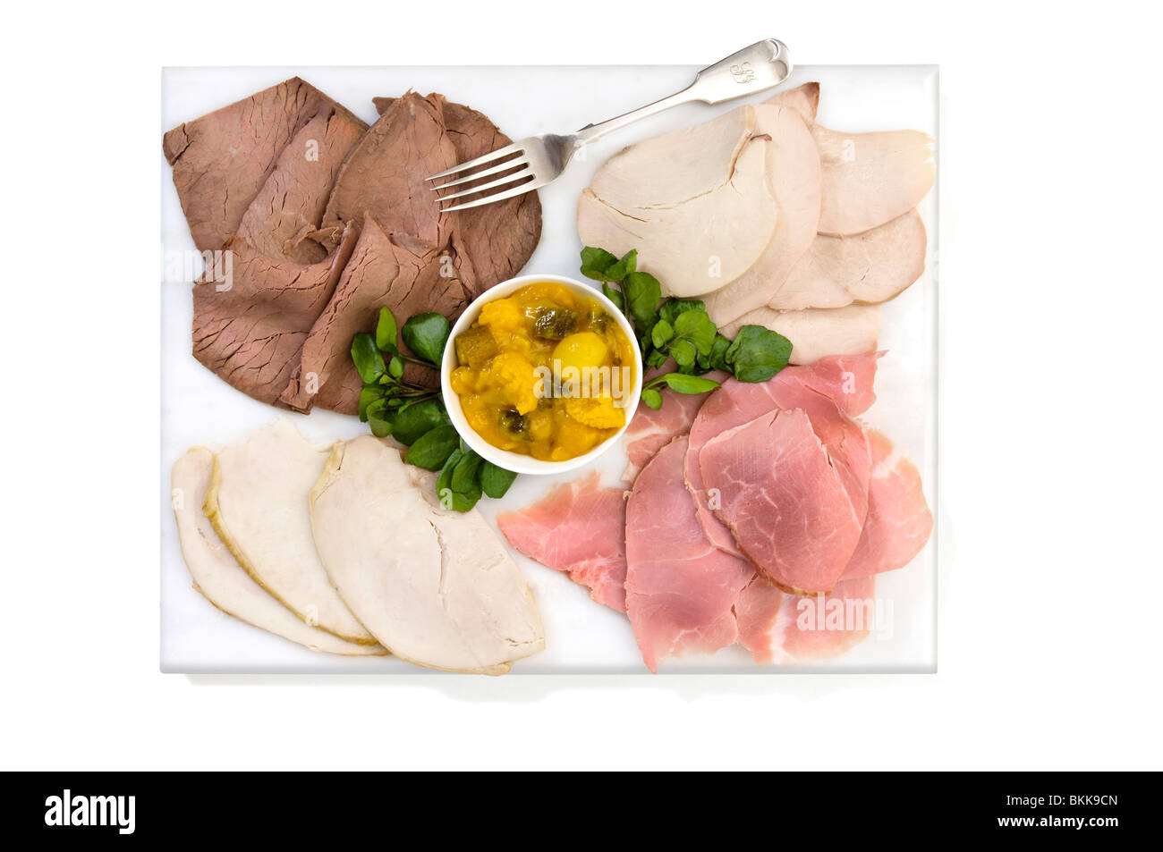 Weiße Marmor Plater mit Aufschnitt und Picalli. Stockfoto