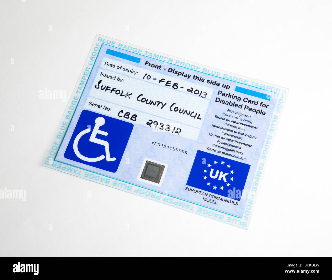 Behindertenparkplatz Abzeichen im Vereinigten Königreich verwendet Stockfoto