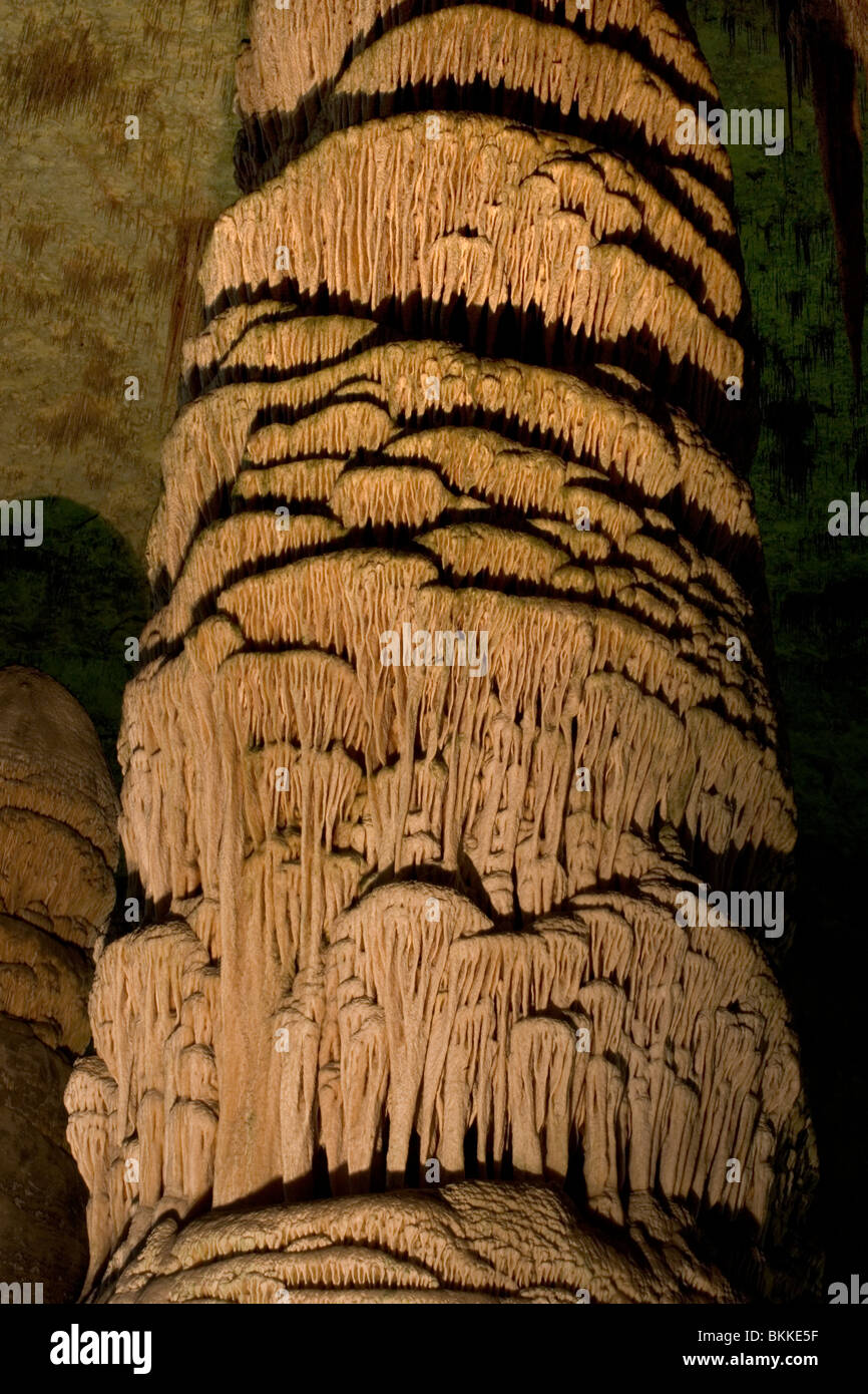 Im Inneren der Halle Giants in Carlsbad Caverns. Die Riesen sind massive Stelagmites aus dem Boden wachsen. Große Stelactites ein Stockfoto