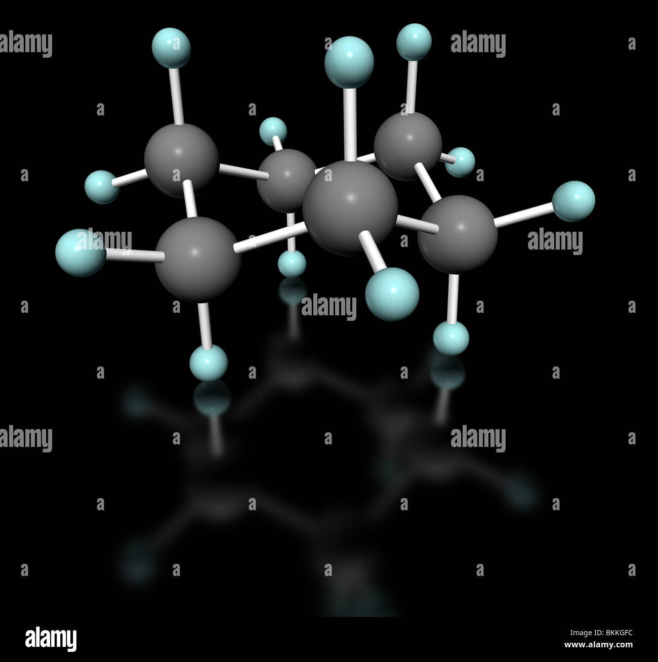 Molekulare 3D-Modell von Cyclohexan in Stuhl Konformation mit Beschriftung auf weißem Hintergrund Stockfoto