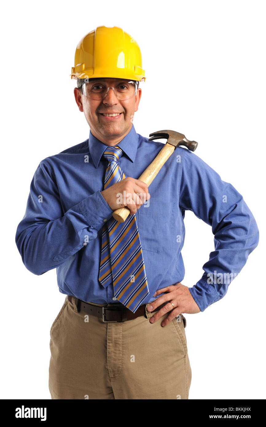 Hispanische Bauleiter mit Bauarbeiterhelm und hammer Stockfoto