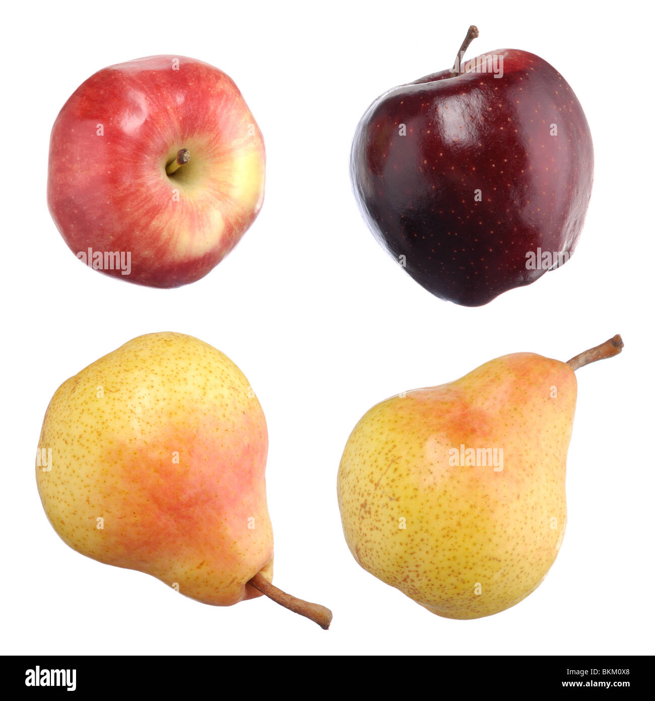 Nahaufnahme der rote Äpfel und gelbe Birnen isoliert auf weißem Hintergrund Stockfoto