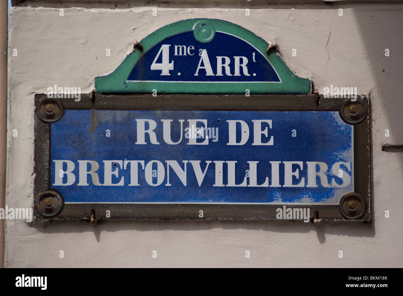 Straßenschild im 4. Arrondissement von Paris, "Rue de Bretonvilliers", Frankreich Stockfoto