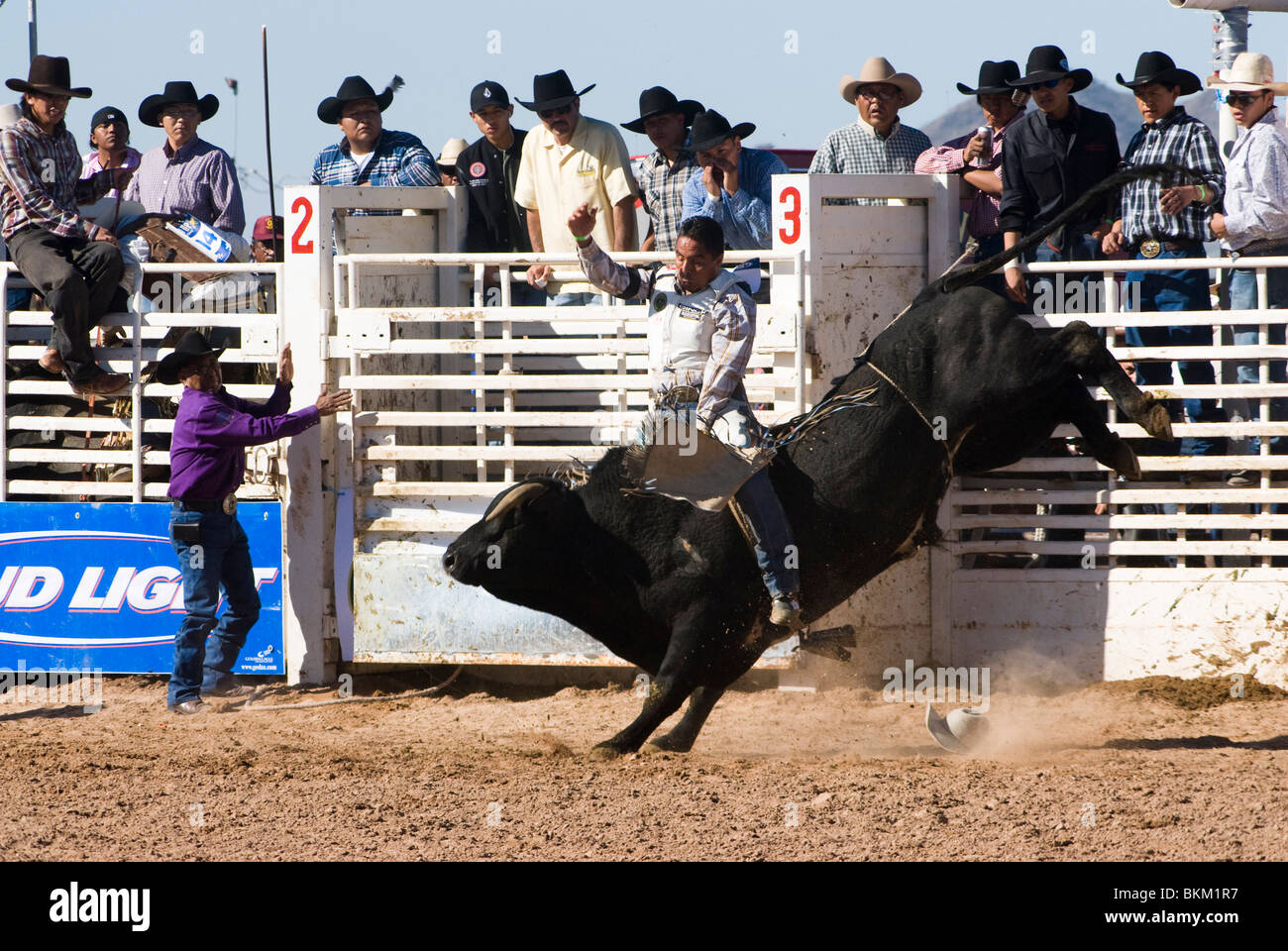 ein Cowboy konkurriert in der Bullenreiten Ereignis während der O' odham Tash All-indischen rodeo Stockfoto