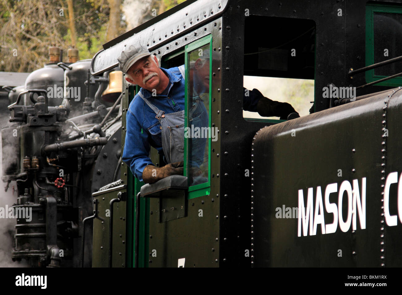 Der Ingenieur lehnt sich aus dem Führerhaus des Dampfs Lokomotive Mason County Logging #7. Stockfoto