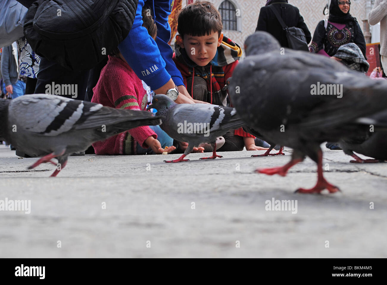 Kinder spielen mit Tauben in Markusplatz entfernt, Venedig, Italien Stockfoto