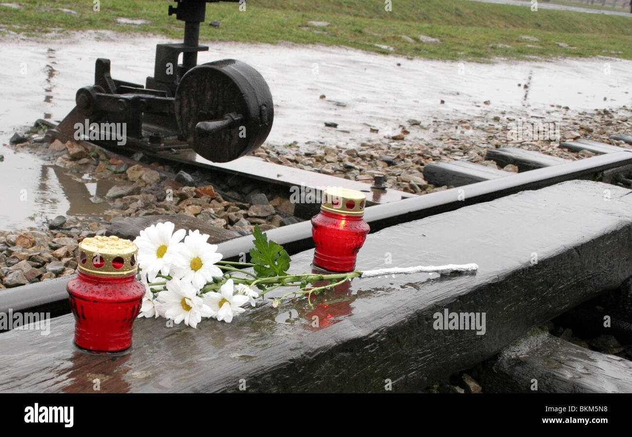 Anschlussbahn mit Blumen und Laternen Birkenau Tod Lager Polen. Stockfoto