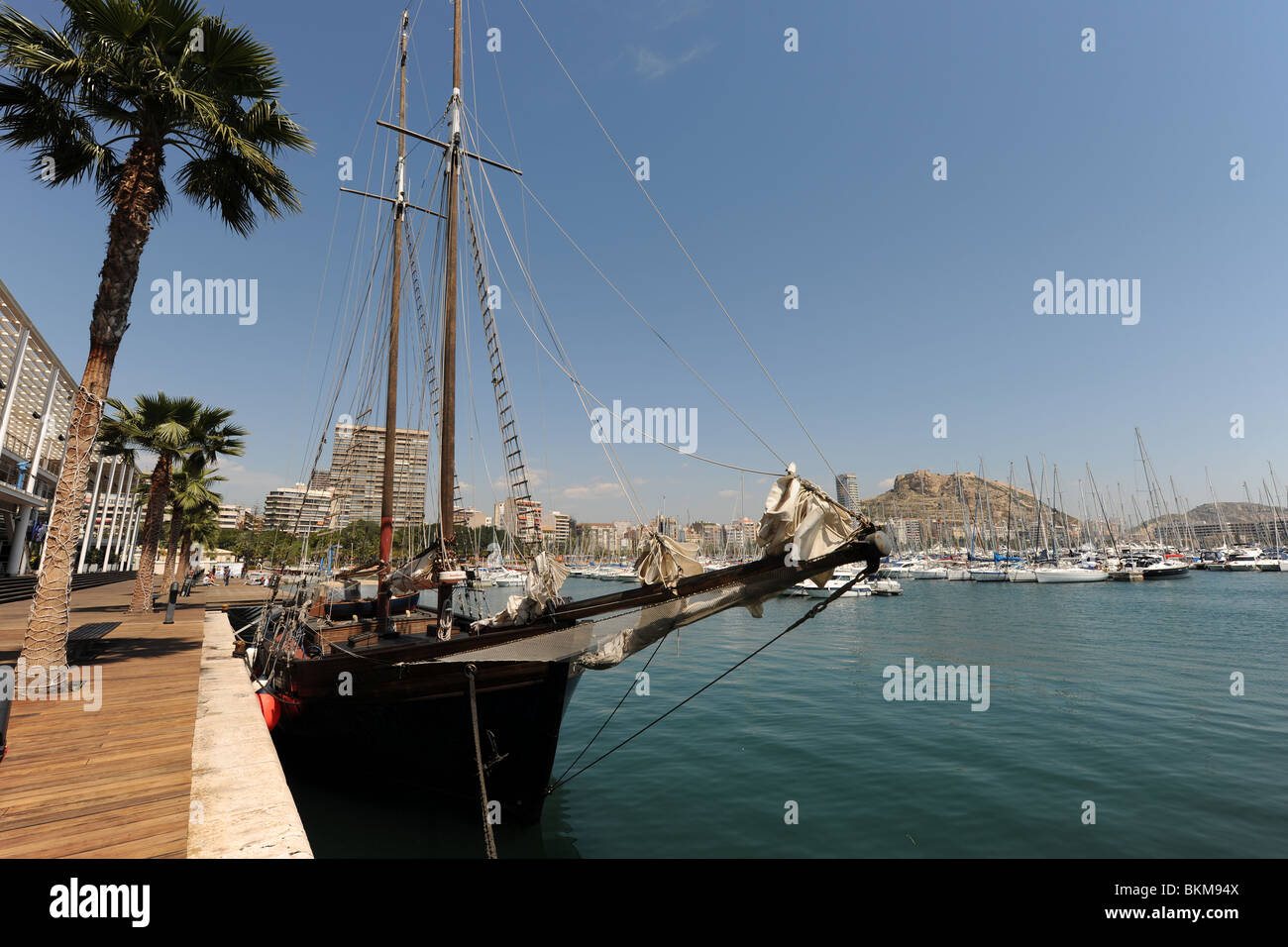 Blick über Schoner Bowspirit, Yachthafen und Stadtzentrum von Alicante, Provinz Alicante, Comunidad Valenciana, Spanien Stockfoto