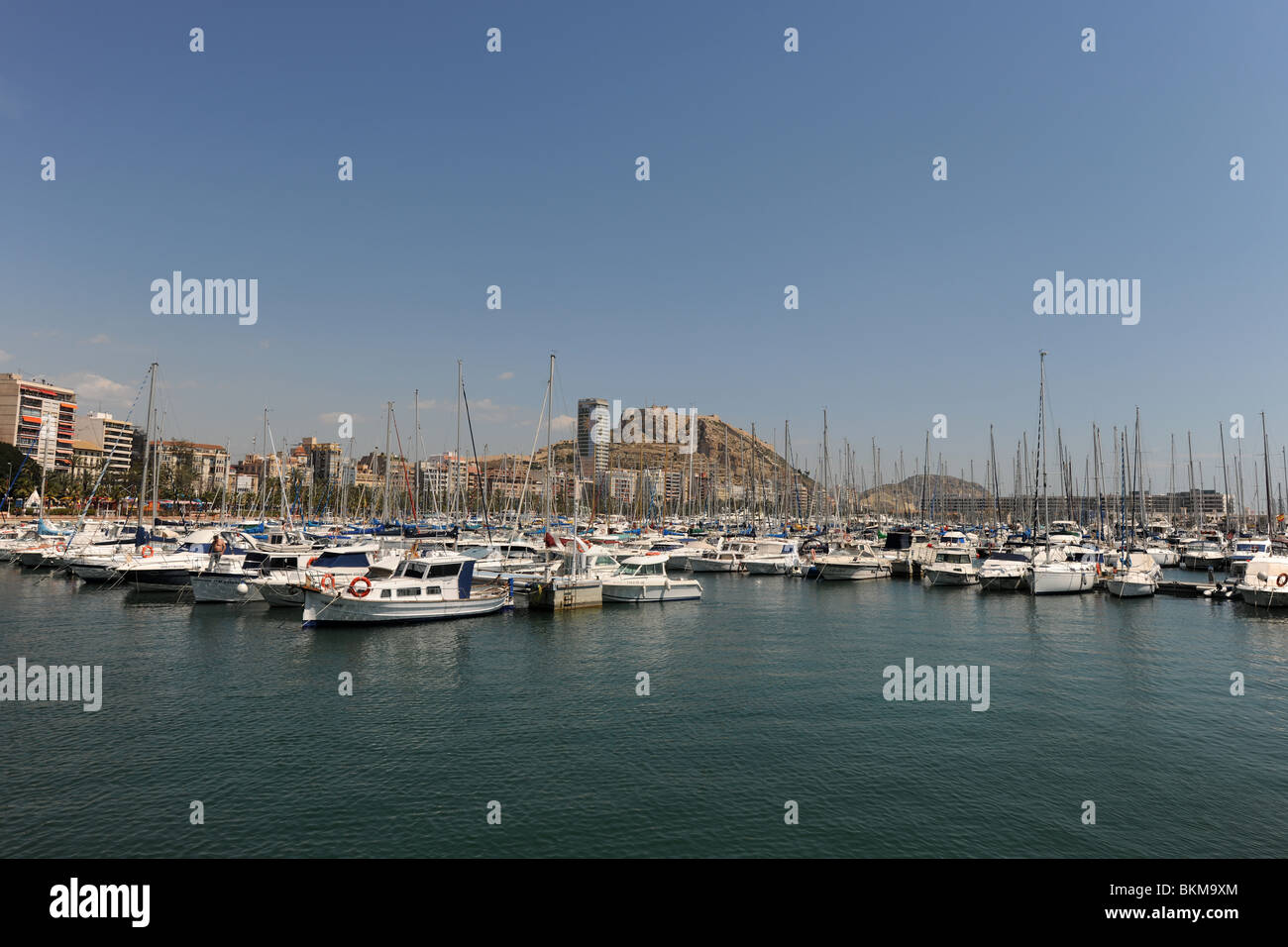 Blick über Hafen, Skyline der Stadt & Burg Santa Barbara, Spanien, Alicante, Provinz Alicante, Comunidad Valenciana Stockfoto