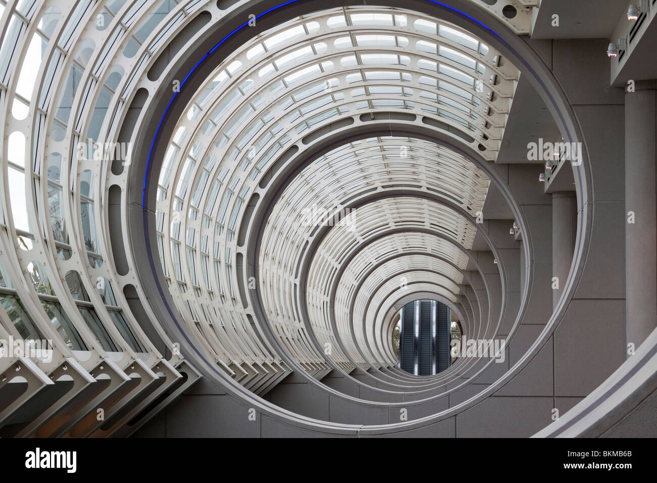 Konzentrische Kreise in der Decke des San Diego Convention Center Atriums führt zu drei Fahrtreppen Stockfoto