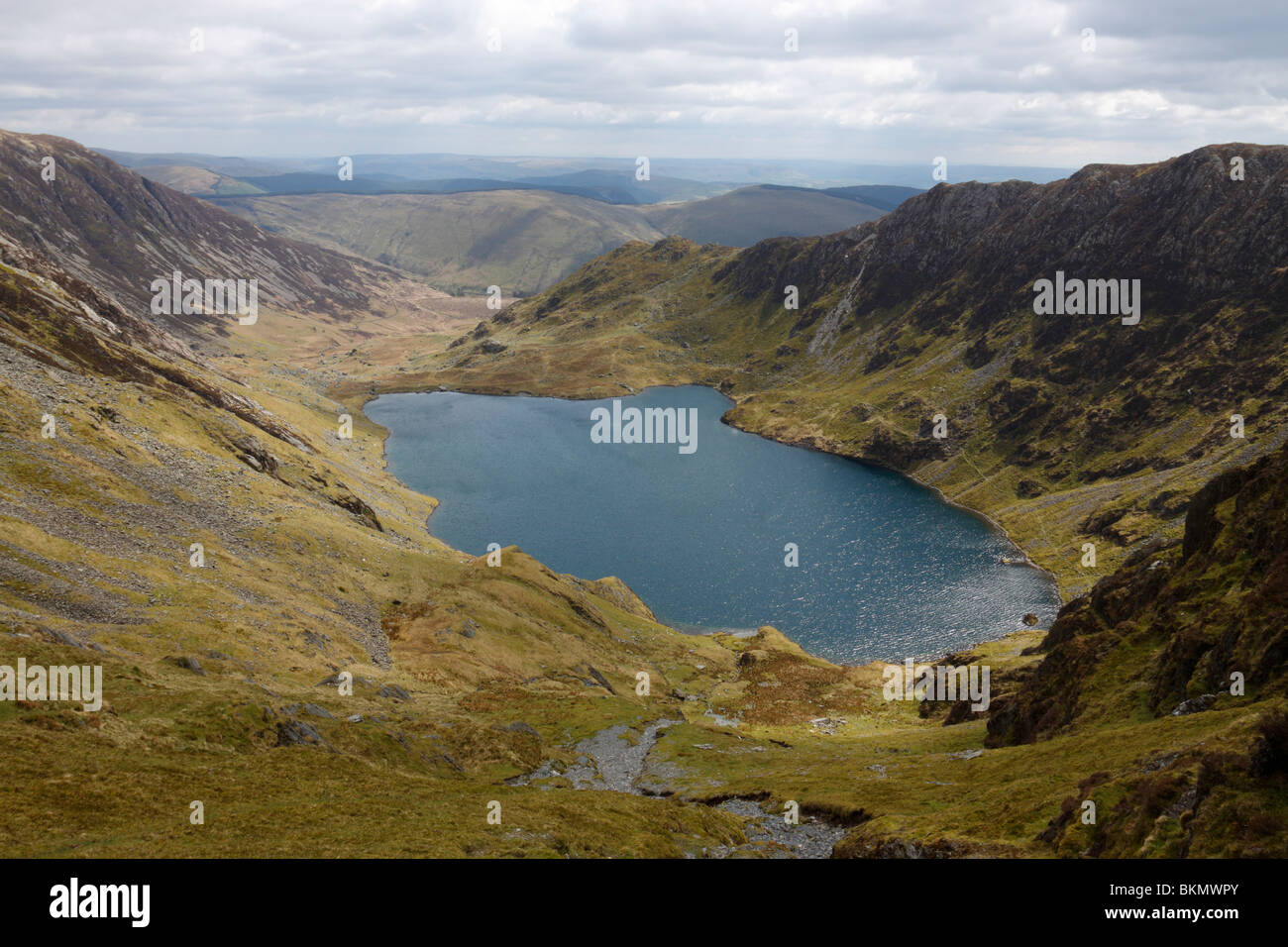 Der See Llyn Cau eingebettet unterhalb der großen Klippen Craig CAU am Berg Cadair Idris in Snowdonia, Nordwales Stockfoto