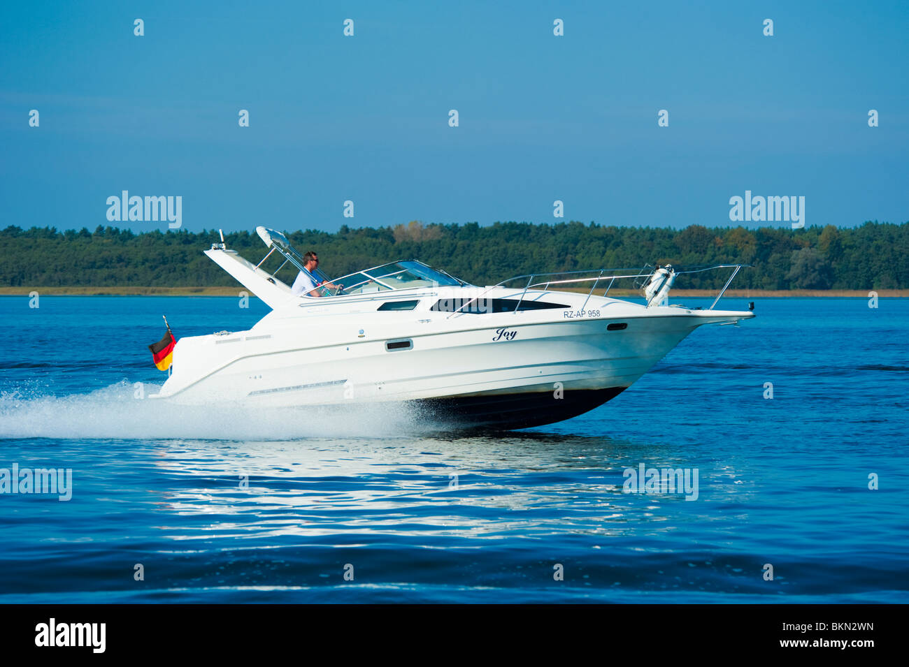 Bayliner Ciera 2855 Motorboot mit hoher Geschwindigkeit vor Forst, See in der Nähe von Müritz, Mecklenburg Vorpommern, Deutschland Stockfoto