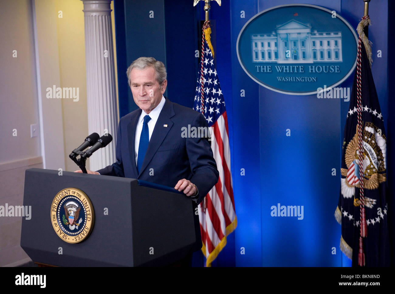 12. Januar 2008? Washington, D.C.? Präsident George W. Bush hält seine letzte Pressekonferenz in Brady Press Briefing Room. Stockfoto