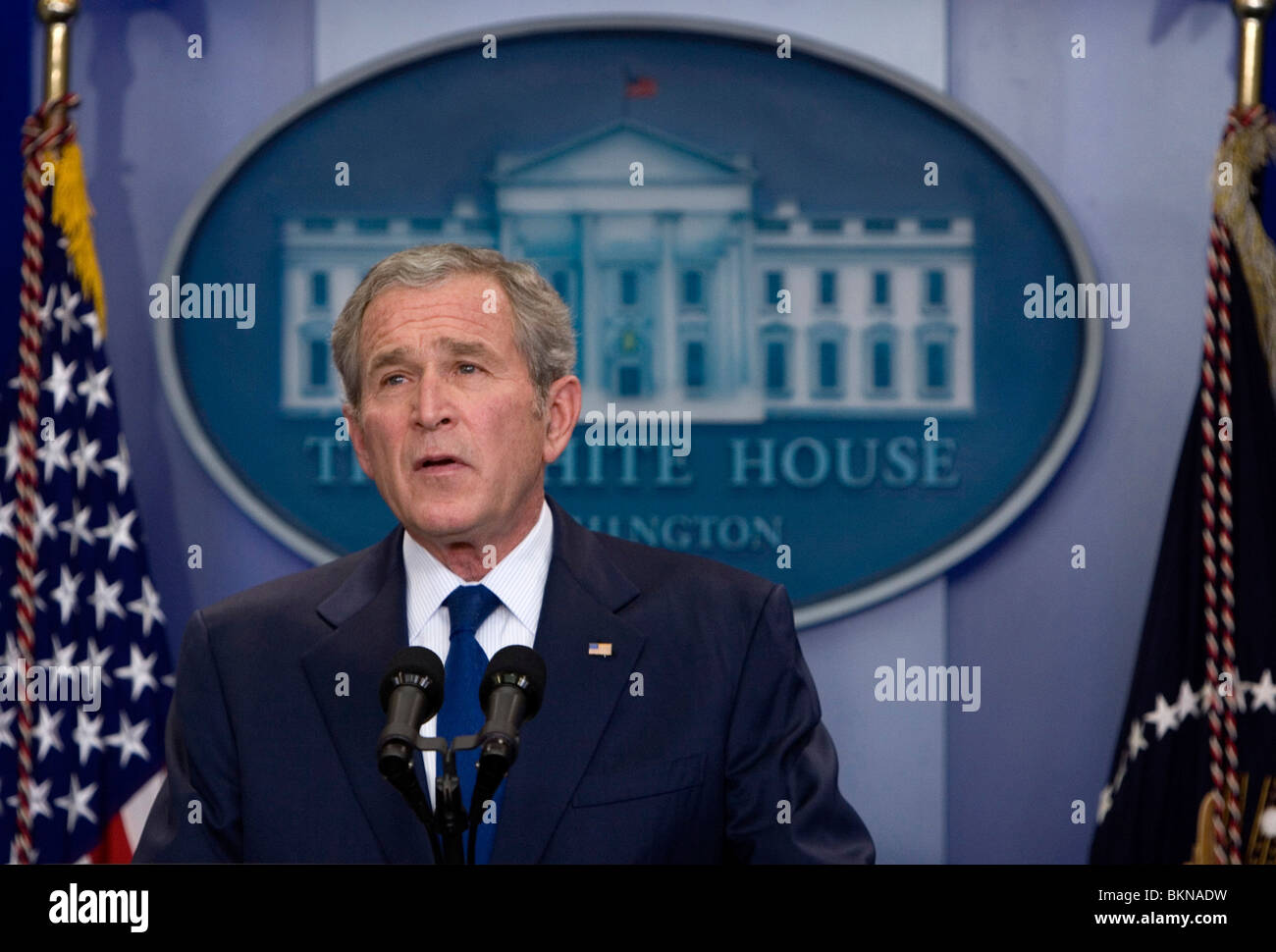 12. Januar 2008? Washington, D.C.? Präsident George W. Bush hält seine letzte Pressekonferenz in Brady Press Briefing Room. Stockfoto