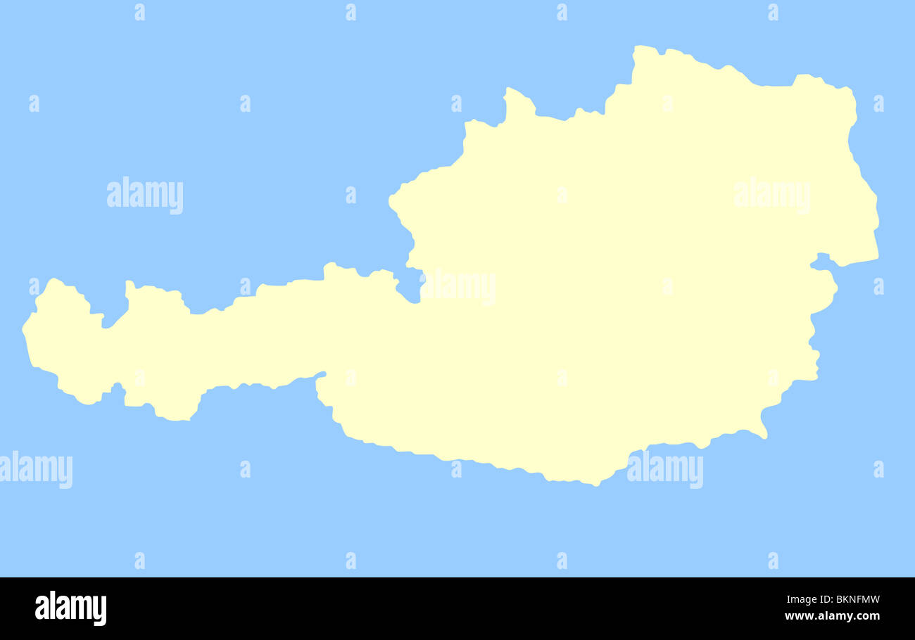 Karte von Österreich isoliert auf einem blauen Hintergrund. Stockfoto