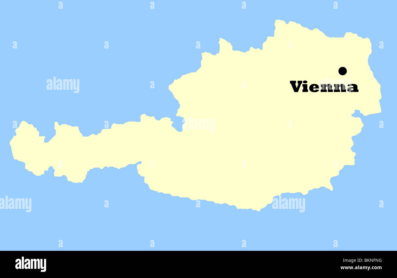 Karte von Österreich isoliert auf einem blauen Hintergrund mit Vienna Capitol gekennzeichnet. Stockfoto