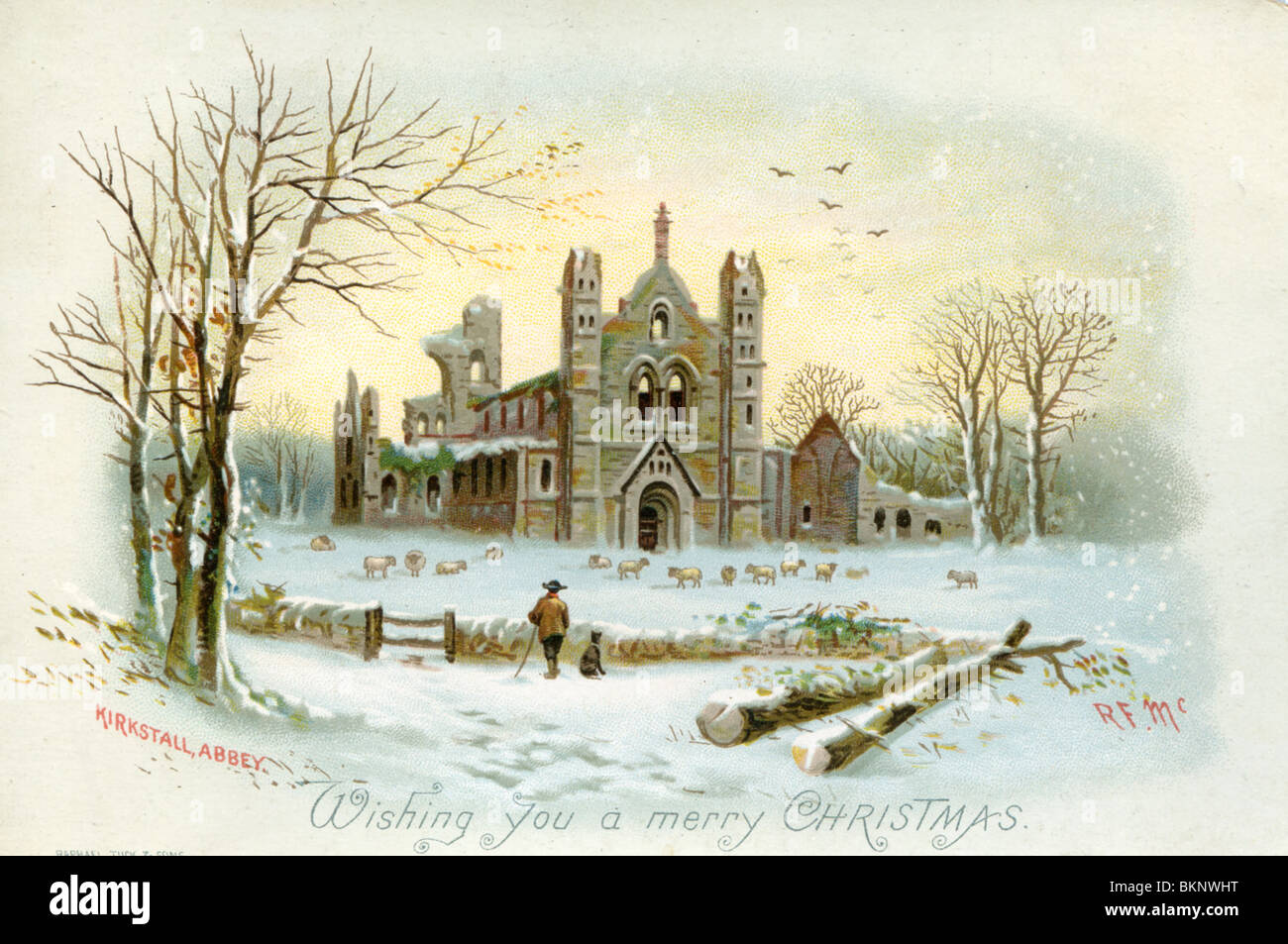 Kirkstall Abbey im Schnee Stockfoto