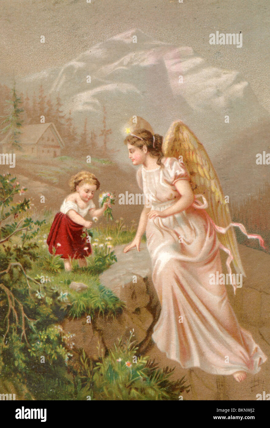 Engel in Rosa mit einem kleinen Mädchen Blumen pflücken gekleidet Stockfoto
