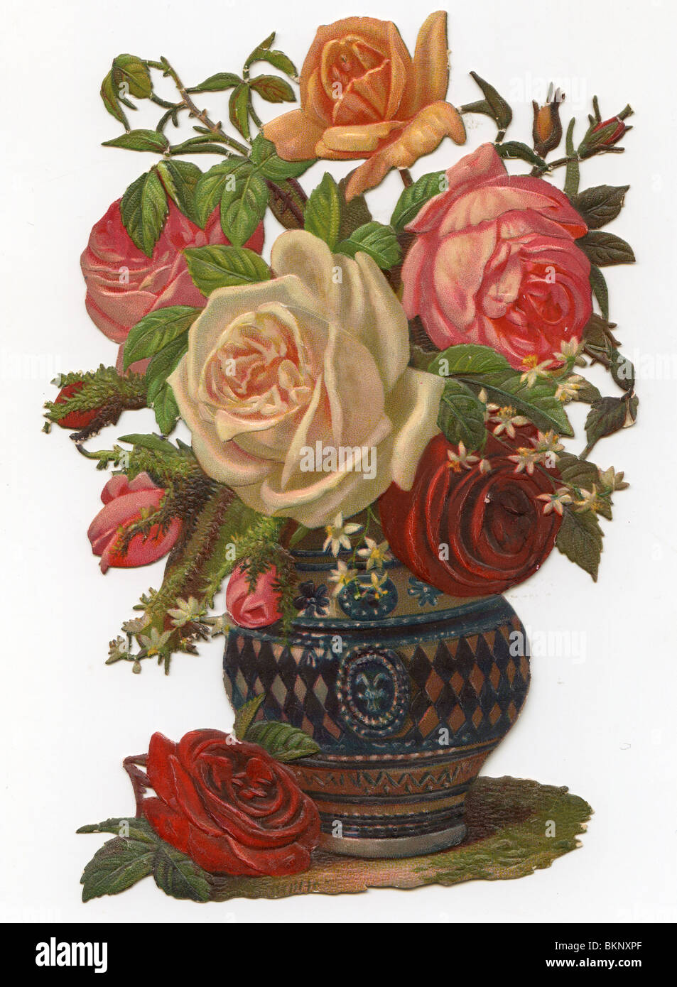 Creme, rosa, roten und gelben Rosen in einer dekorativen Vase Stockfoto