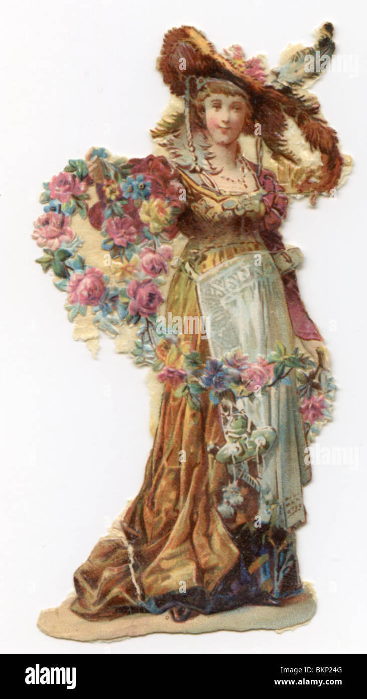 Dame mit dekorativen Hut, tragen einen Blumenstrauß Stockfoto