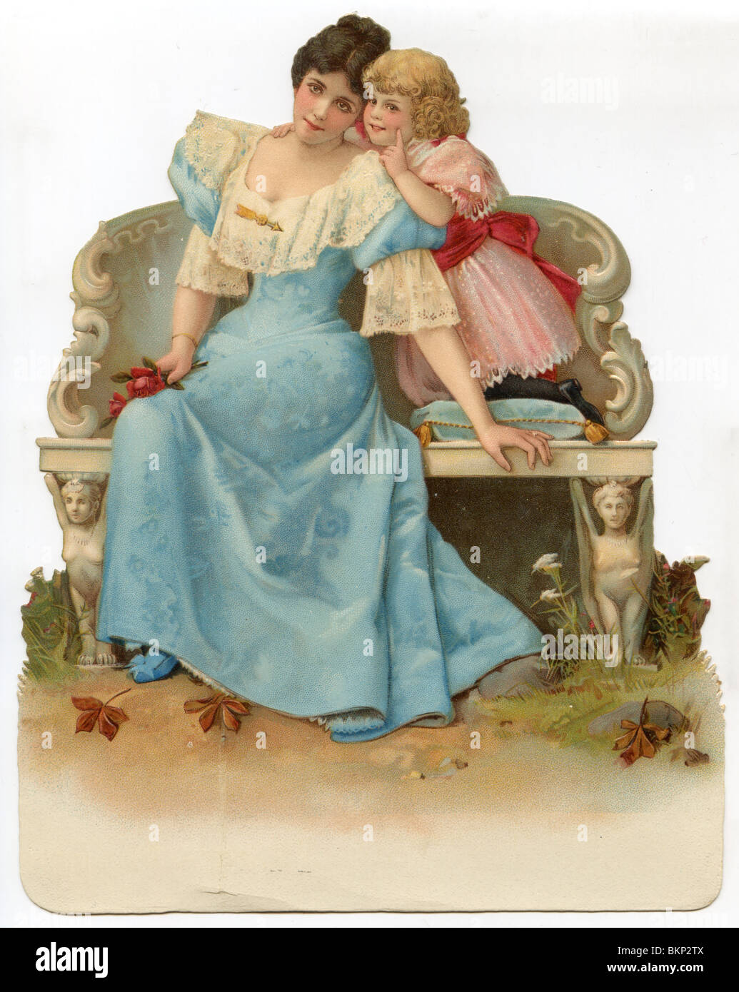 Mutter und Kind posiert auf einer Parkbank Stockfoto