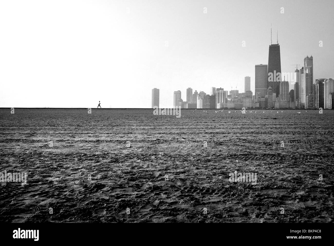 PERSON ZU FUß AUF DEN HORIZONT, NORTH AVENUE BEACH UND DIE SKYLINE DER STADT IN CHICAGO, ILLINOIS, USA Stockfoto