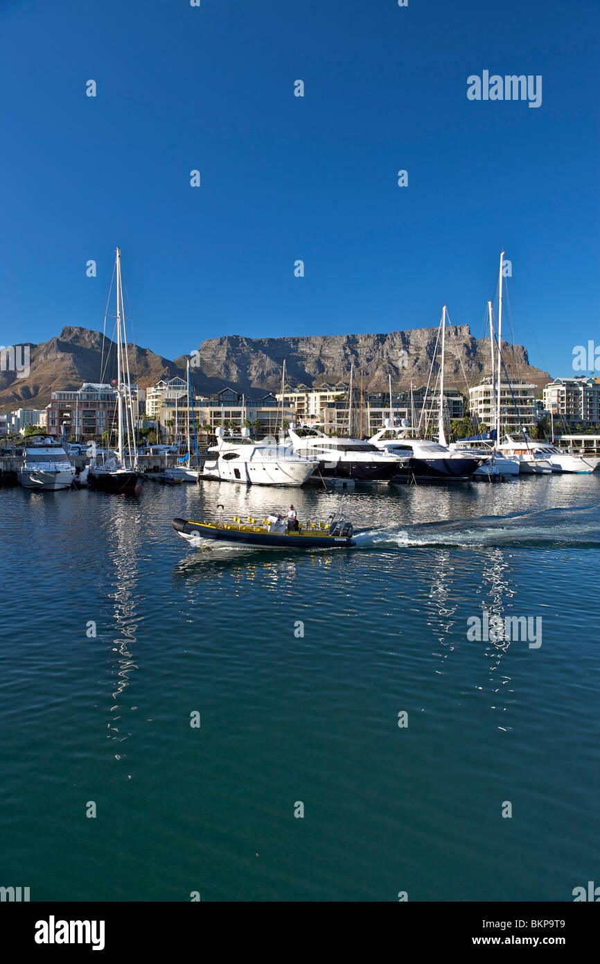 Am frühen Morgen Blick auf Boote vertäut im Hafen an der Waterfront in Kapstadt, Südafrika. Stockfoto