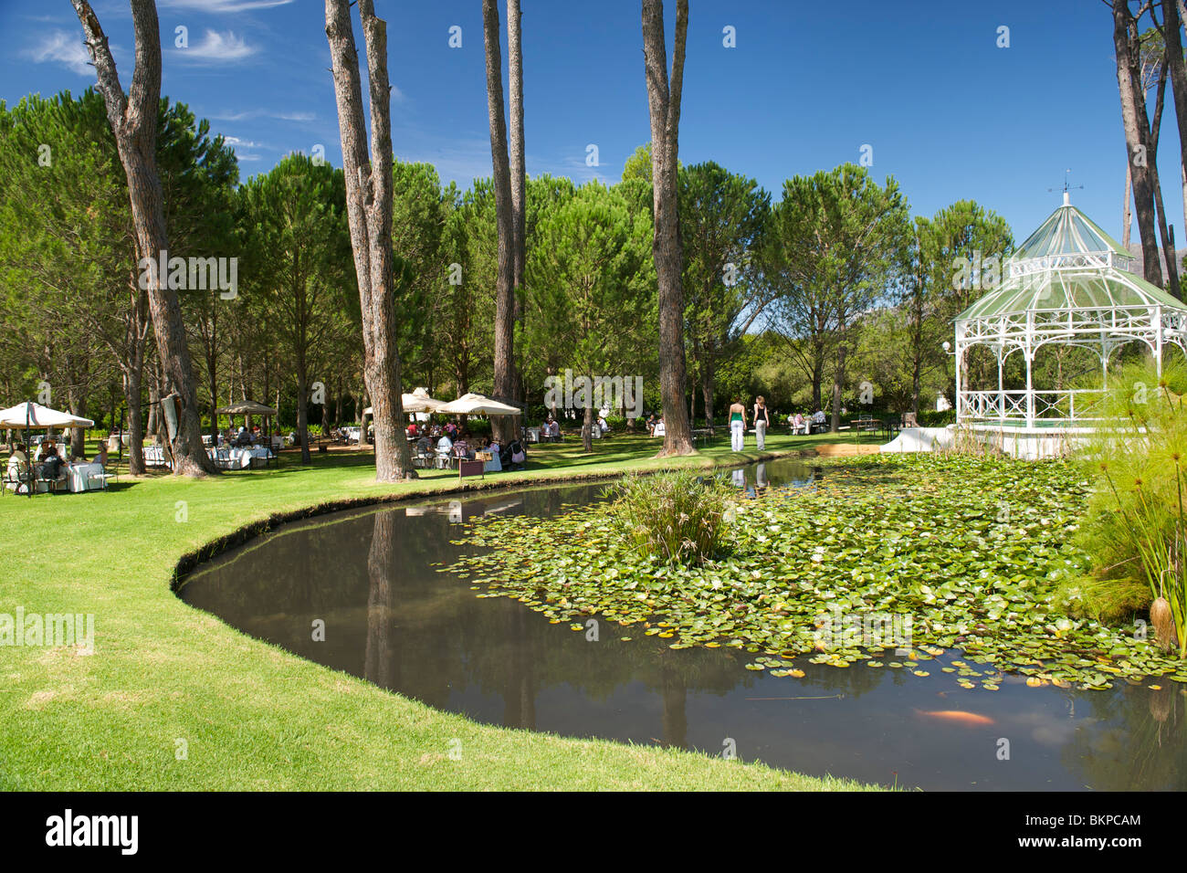 Picknick-Tische in den Gärten der Boschendal Weingut in Franschhoek. Stockfoto