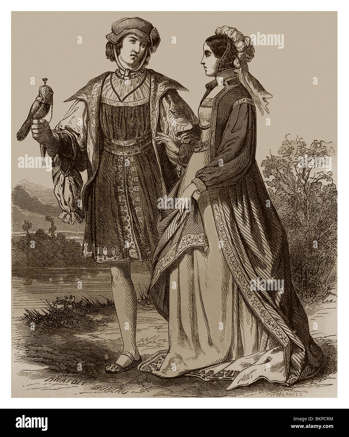 Kostüme vom Ende des 15. Jahrhunderts in Frankreich. Stockfoto