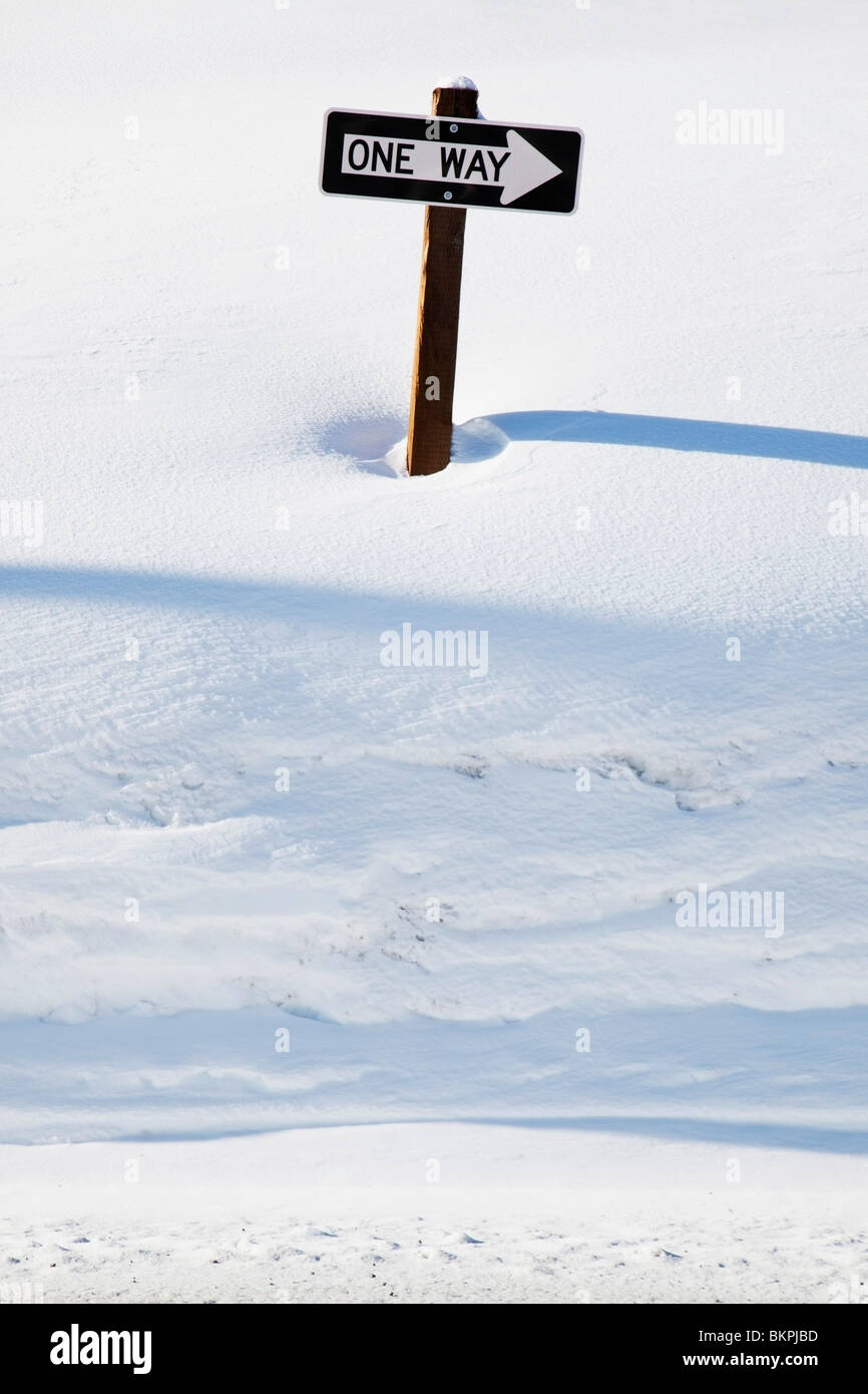 Oregon Cascades, Oregon, Vereinigte Staaten von Amerika; Eine "one Way" Pfeil Straße Richtung Zeichen In frischen Schnee auf Mount Hood Stockfoto