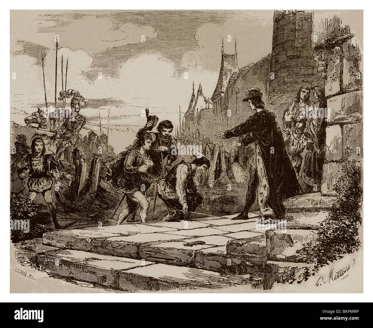 Im Jahre 1440 die Herzöge von Bourbon und von Alençon und Dauphin Louis kniete vor König Charles VII von Frankreich und bitten ihn um Vergebung. Stockfoto