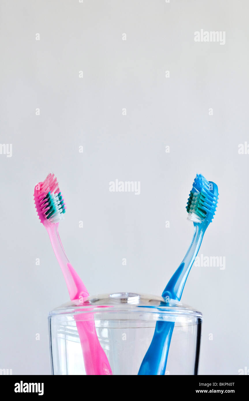 Ein paar rosa und blauen Zahnbürsten in Zahnbürstenhalter. Stockfoto