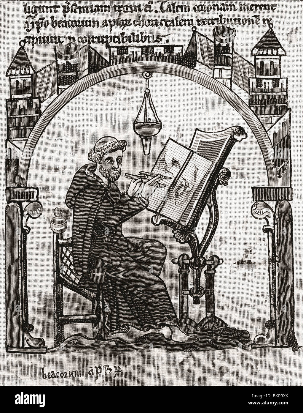Ein Mönch an seinem Schreibtisch in einem Scriptorium, c.1200. Stockfoto