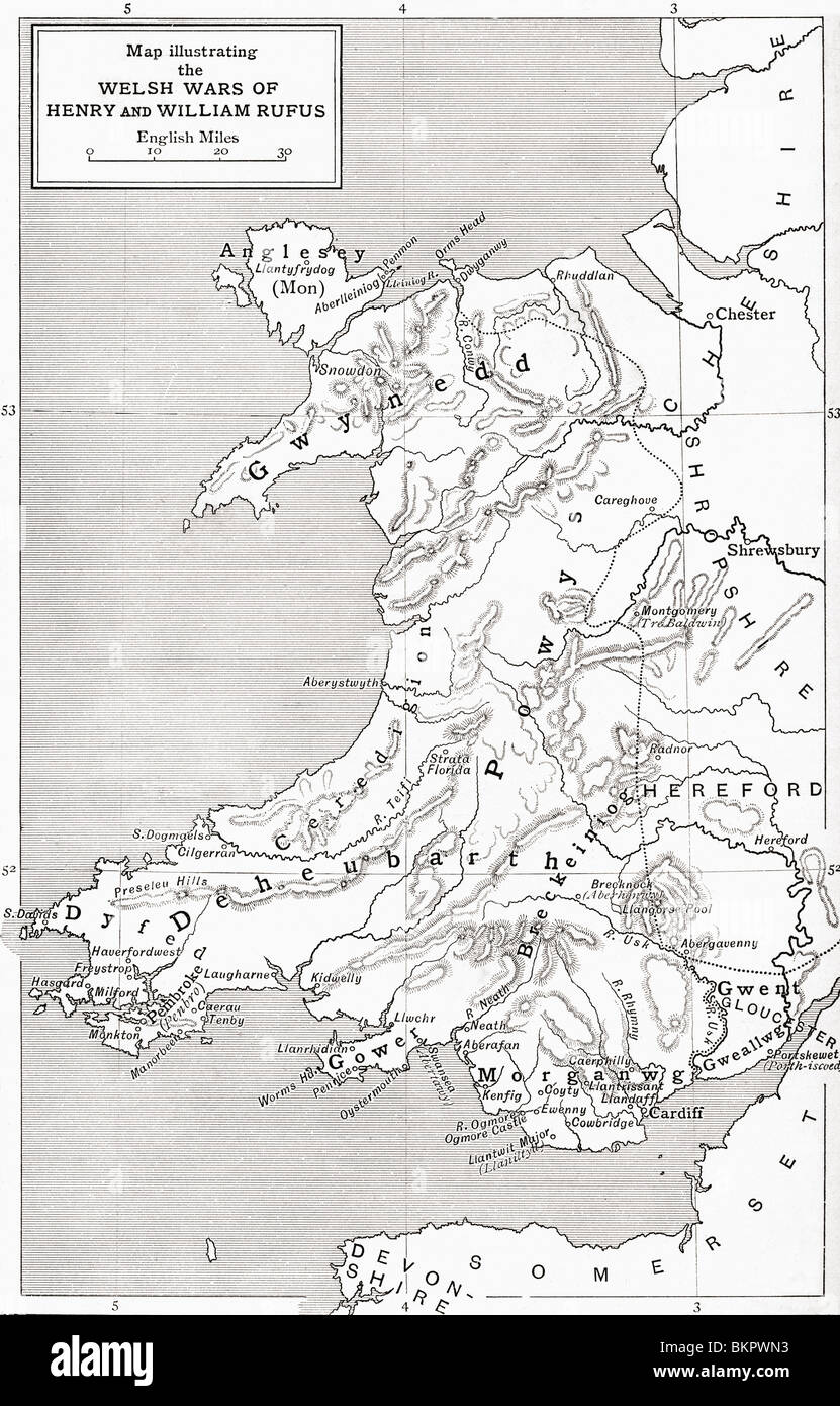 Karte zur Veranschaulichung der walisischen Kriege von William Rufus und Henry ich. Stockfoto