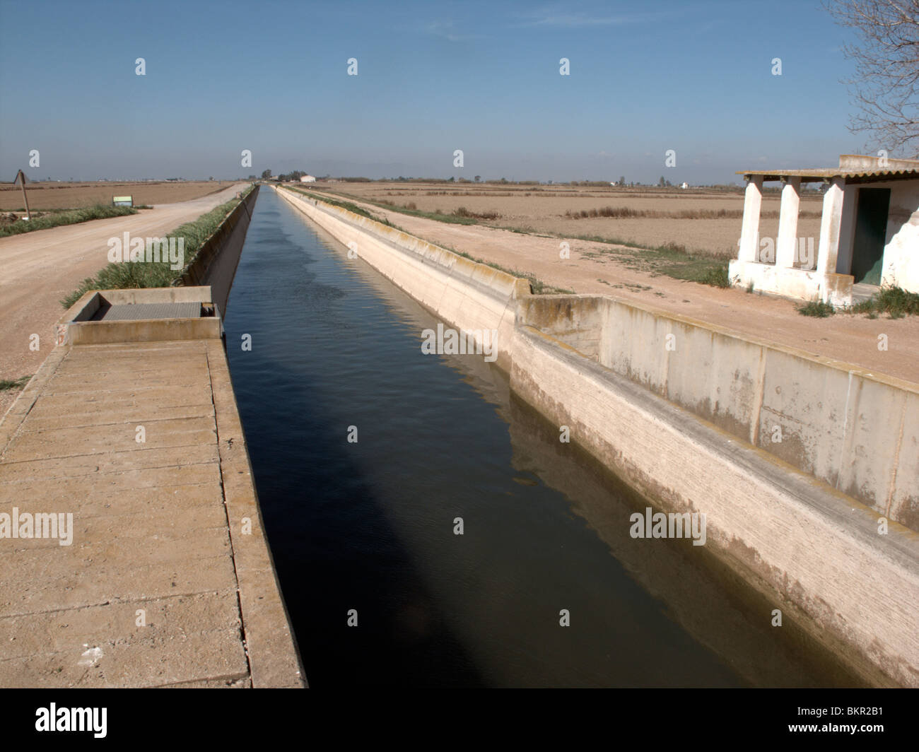 Kanal in der Ebre Delta Wassertragen, Felder, Katalonien, Spanien, April 2010 Stockfoto