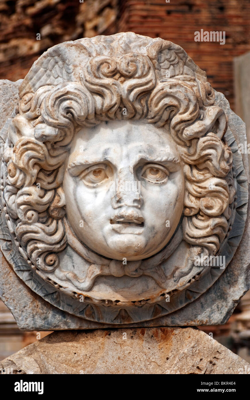 Libyen, Leptis Magna. Kopf der Medusa im Forum. Stockfoto