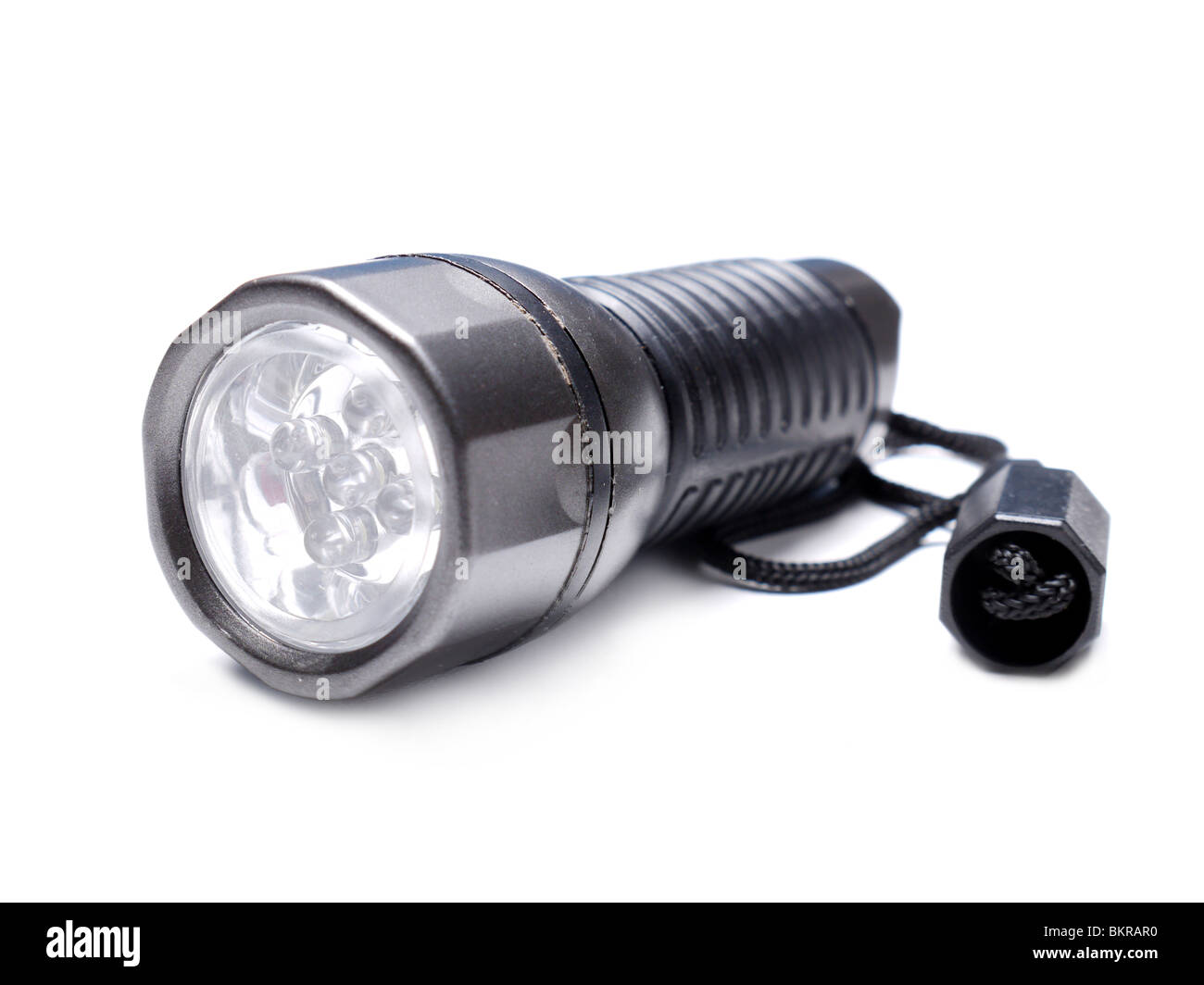 Tragbare LED-Taschenlampe über weißem Hintergrund erschossen Stockfoto