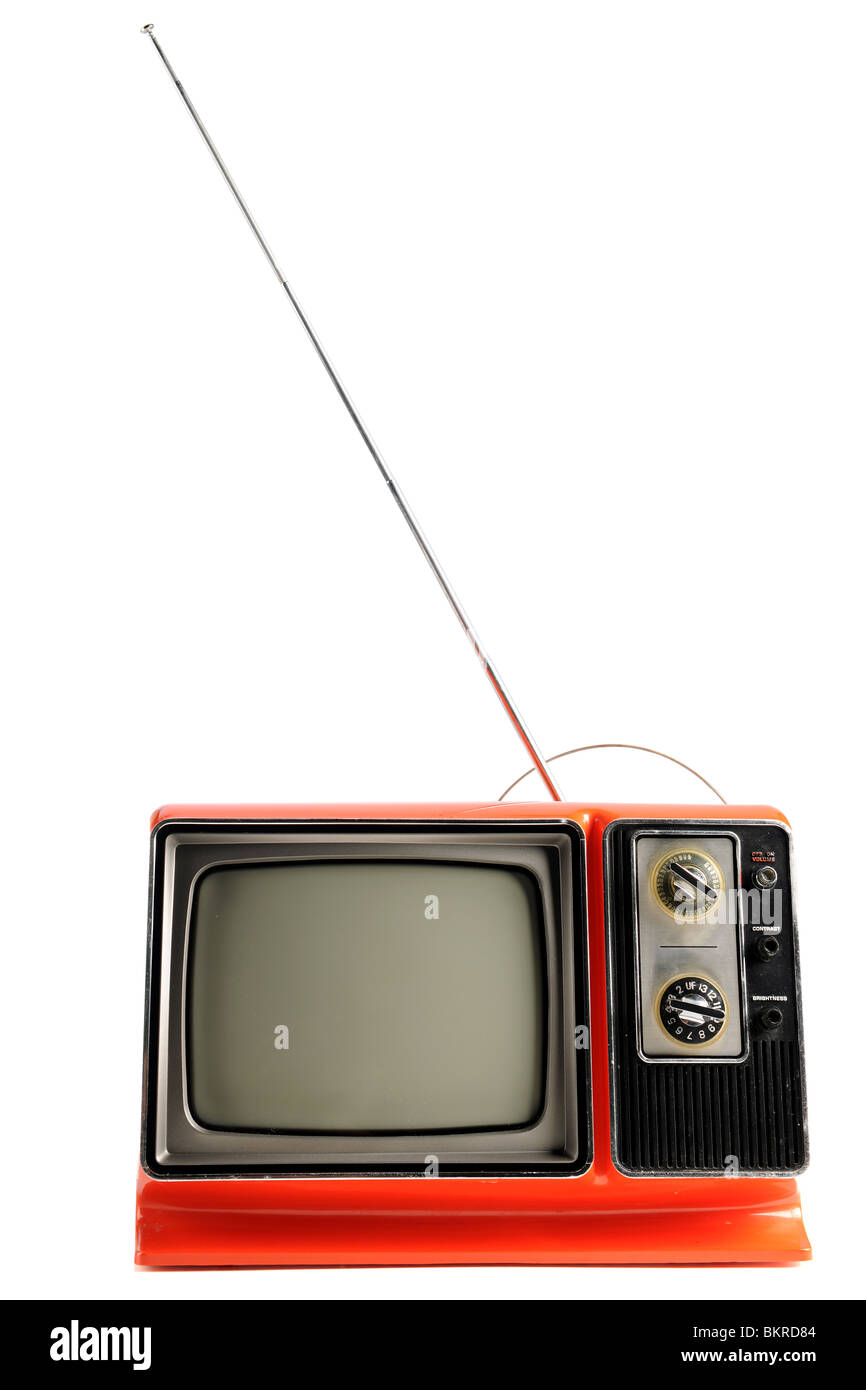 Orange Vintage Fernsehen aus den 1970er Jahren isoliert auf weißem Hintergrund - mit Beschneidungspfad Stockfoto