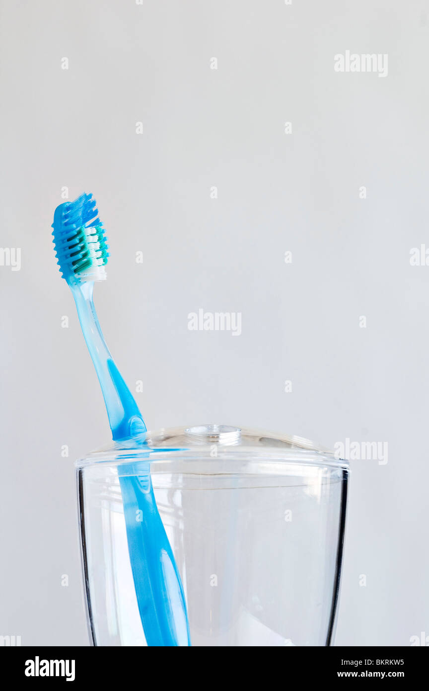 Einzelne blaue Zahnbürste im Bad Zahnbürstenhalter. Stockfoto