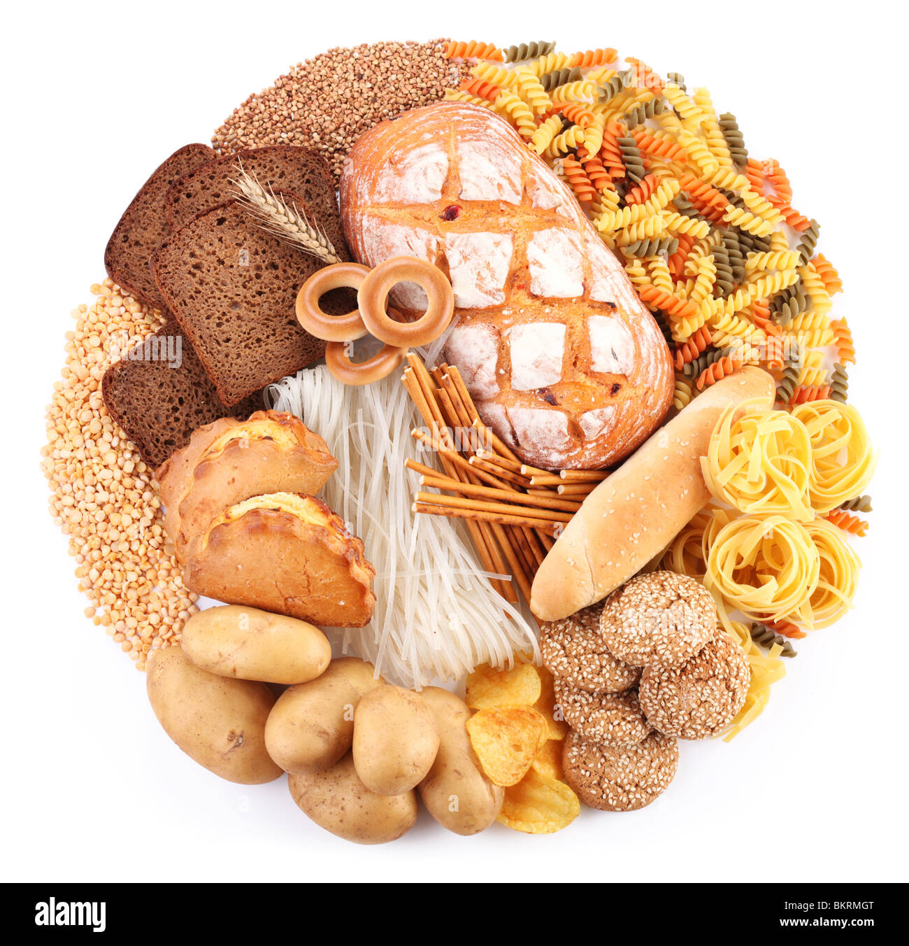 Brot und Backwaren-Produkte in Form eines Kreises. Isoliert auf weißem Hintergrund. Stockfoto