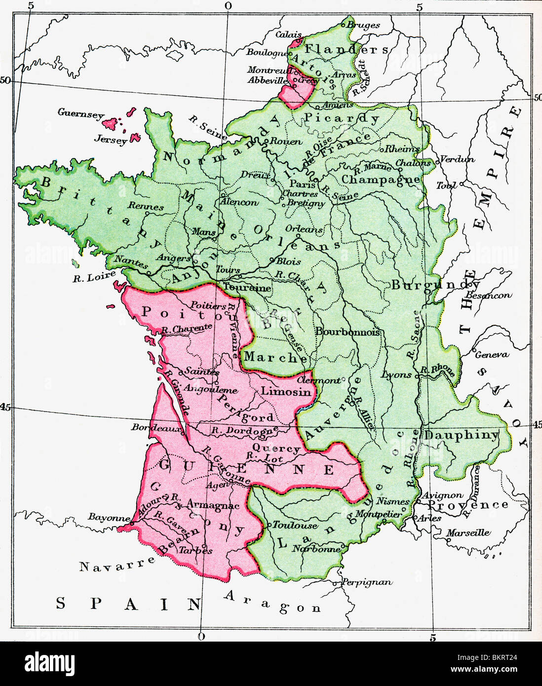 Karte von Frankreich zum Zeitpunkt des Vertrags von Bretigny 1360. Stockfoto