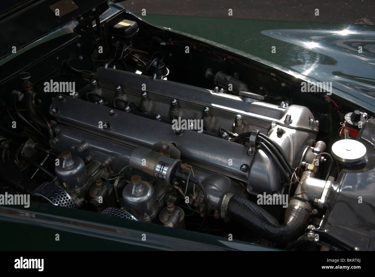 Motorraum der 1950er Jahre British Racing grün Jaguar XK120 Roadster Stockfoto